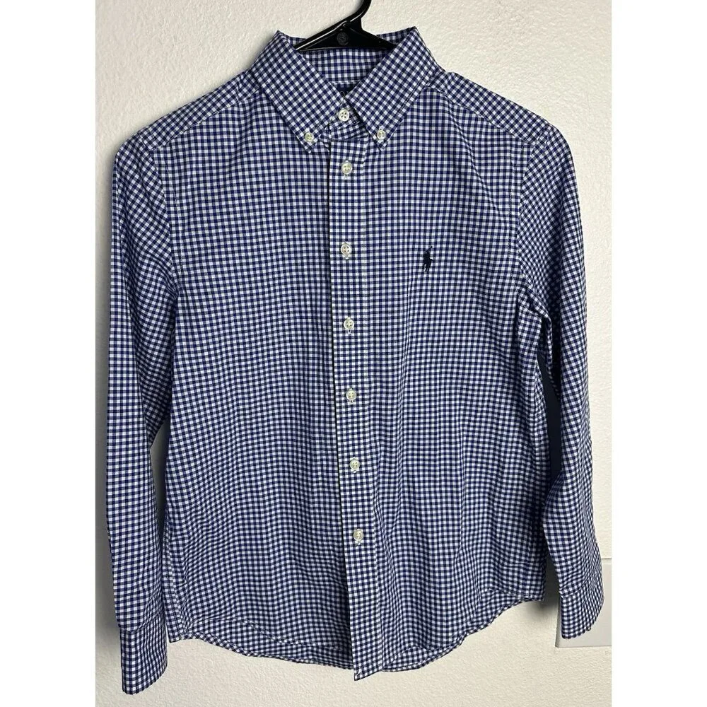 Polo Ralph Lauren Boy's M 10-12 Blue Gingham Check Button Down Shirt Long Sleeve